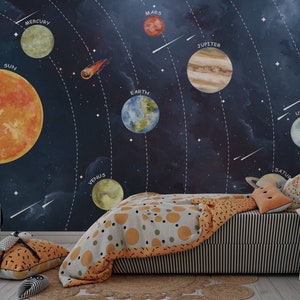 sistema solare e pianeti murale-pianeti a tema spazio murale-spazio, stelle, pianeti murale-carta da parati per camerette-murales per camerette