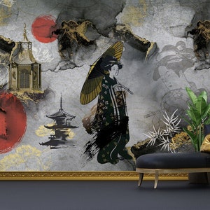 Papier peint autocollant Geisha japonaise, art asiatique, décoration murale culture asiatique, papier peint ART déco pour restaurant asiatique