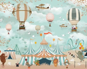 Circus Wallpaper Mural: Hot Air Balloons, Fun Fair, Baby Room Decor