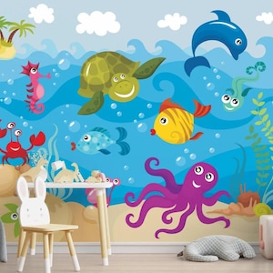 Papier peint de créatures sous-marines d'aspect 3D - Papier peint de créatures marines mignonnes et amusantes - Papier peint de créatures sous-marines de style dessin animé - Papier peint d'aspect 3D