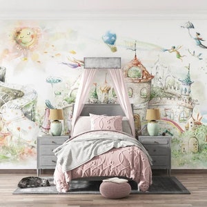 Papel tapiz para niños con efecto de acuarela, mural de pared para niños con castillo, papel tapiz de dibujos animados de hadas para guardería