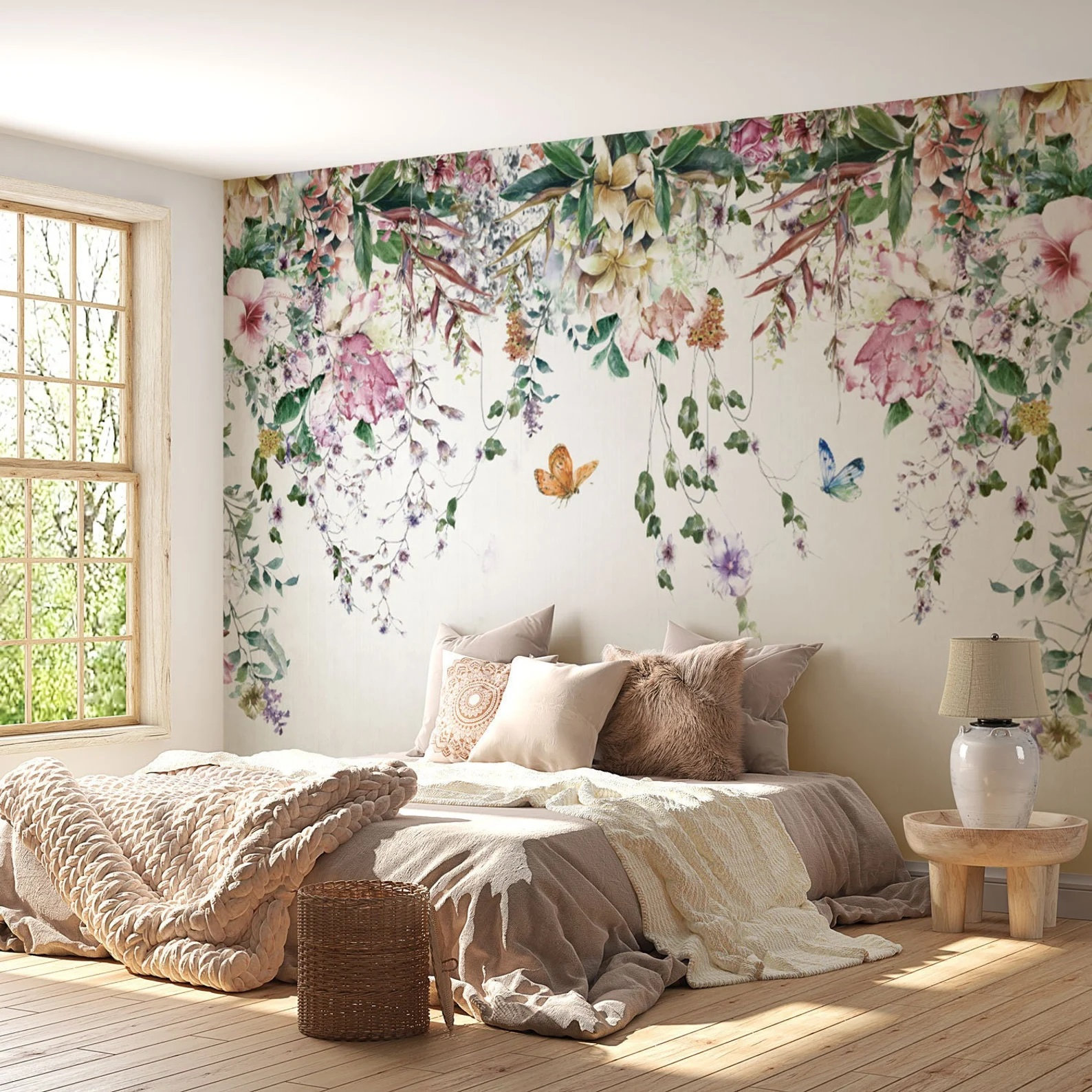 Colorful Flowers Boho Wallpaper - Butterflies and Flowers Wall Mural - Botanical Hanging Flowers and Leaves Wallpaper - Nursery Floral