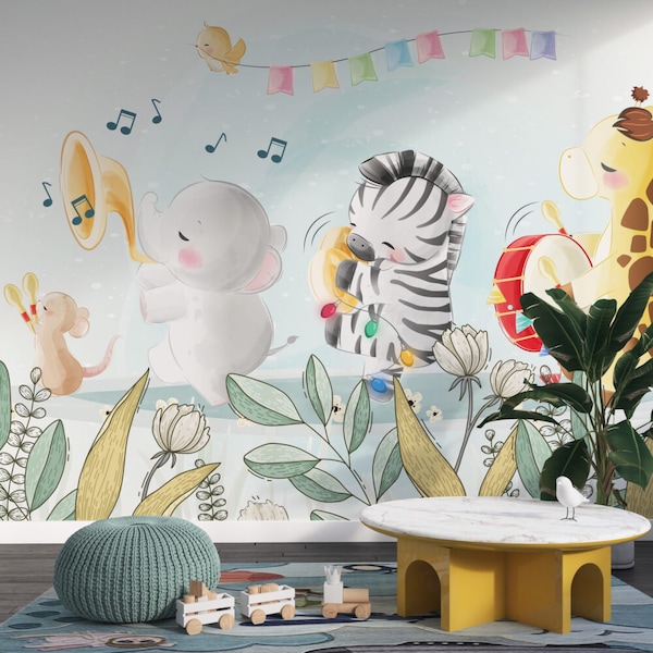 happy animals mural-cute animal orchestra mural-kids room decoration-singing animals wallpaper-nursery mural-kidsroom wallpaper-peel&stick
