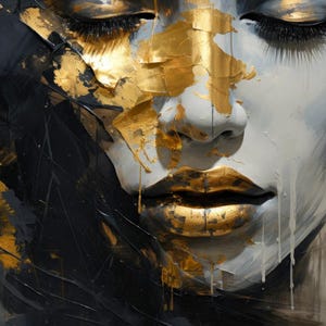 Woman's face wallpaper with oil painting-like gold detail-woman face portrait wall mural-modern woman face wall art-artistic woman face wall