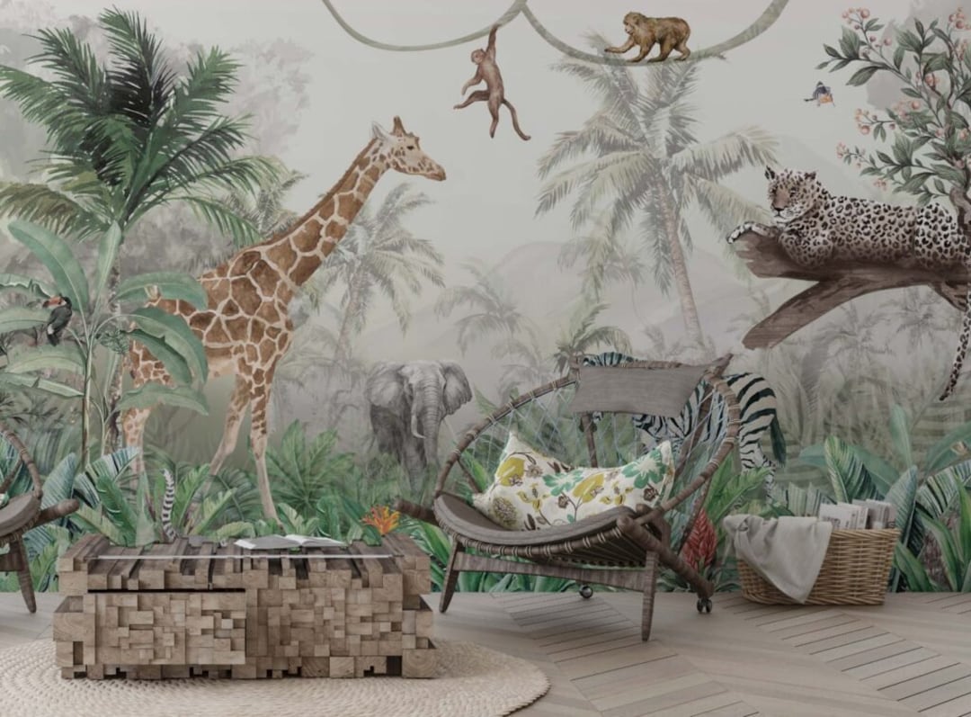Safari Animals Wallpaper, Nursery Wall Mural , Peel and Stick Wallpaper ...