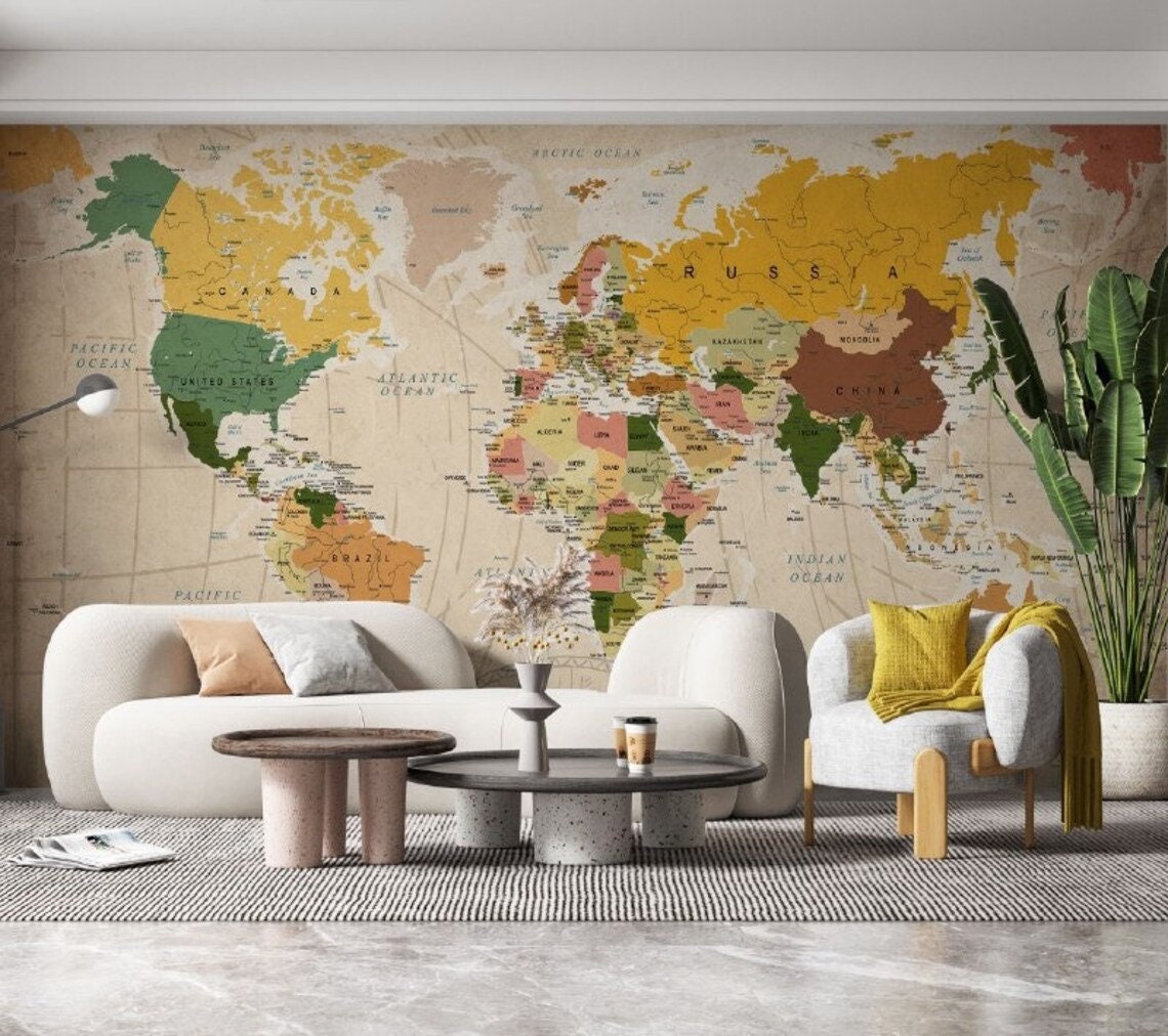 World Map Wallpaper , Office Decor Map Wallpaper , Stylish Peel and ...