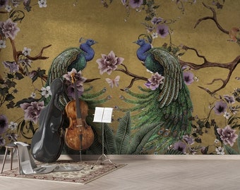 May include: Two peacocks with blue and green plumage are perched on branches with purple flowers against a gold background. A black cello case and a brown cello are in the foreground.