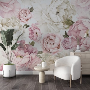 Big Flowers Themed Wallpaper For Home Decor, Pinky and White Flowers Design Mural, Aesthetic Wallpaper for Living Room and Bedroom