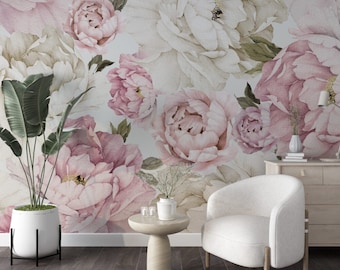 Roze pioenroos bloemen behang muurschildering, woondecoratie