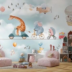 Animals in Sky Wallpaper: Kids Room Wall Decor