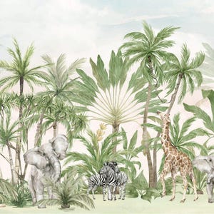 Safari Animals Wallpaper: Tropical Forest Mural, Green Tones