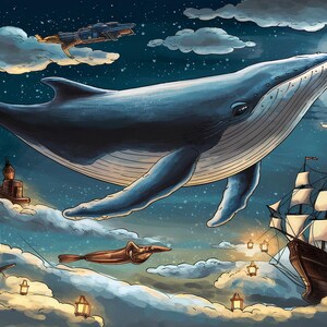 Moonlight Whale Wallpaper Mural: Sailing Ships, Night Sky