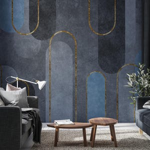 Papier peint de forme géométrique dans les tons gris et bleu-papier peint au design abstrait dans les tons gris-papier peint à motifs géométriques moderne-salon