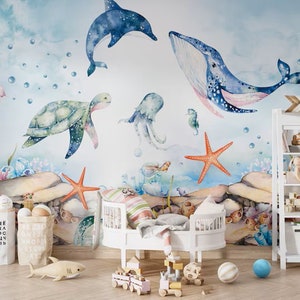 Carta da parati a tema balene - murale acquerello con tema creature marine - carta da parati con balena carina, tartaruga, cavalluccio marino, delfino - murale con colori pastello