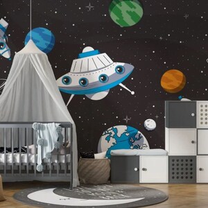 Carta da parati per bambini a tema spaziale - Murale con astronavi e pianeti - Murale staccabile e attaccabile per bambini