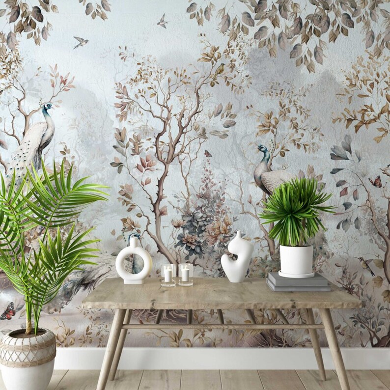 Peacocks Themed Wallpaper-trees and Leaves in Autumn Mural-tropical