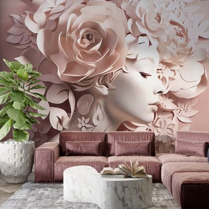 Carta da parati con fiori rosa dall'aspetto 3D per il soggiorno - Fiori estetici con murale a tema donna - Decorazione estetica per la casa