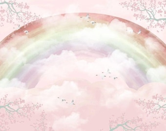 Carta da parati murale per cameretta dei bambini con arcobaleno rosa - Montagne e uccelli