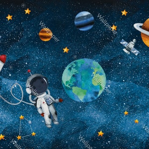 Bambini astronauta e viaggio nello spazio murale-murales a tema spazio e pianeti-murales astronave-stelle-pianeti-bambini astronauta vista dello spazio