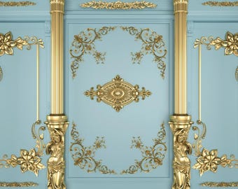Golden Columns Wallpaper Mural: Blue Angelic Pattern