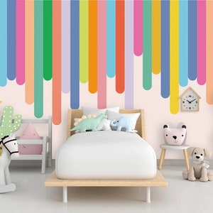 Carta da parati a strisce arcobaleno per bambini, murale a strisce colorate, murale per bambini, carta da parati colorata, murale arcobaleno per la cameretta dei bambini, stacca e attacca