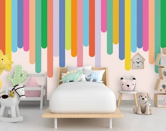 Papel pintado de rayas arcoíris para habitación infantil: Mural de pared colorido para habitación infantil (adhesivo)
