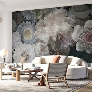 Floral Wallpaper, Pastel Peony Floral Wall Mural , Peel And Stick Wallpaper,Big flowers themed wallpaper,white flowers desing mural