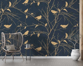 Yellow Birds Wallpaper: Leaves and Branches Wall Mural