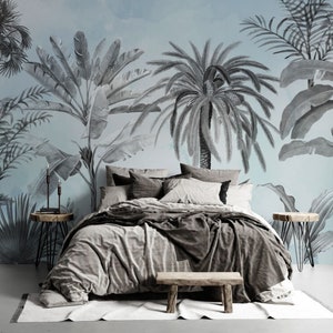 Tropical Leaves and Trees Art Deco Wallpaper in soft blue tones - Stylish Bedroom Wall Mural -tropical wall mural in blue tones-