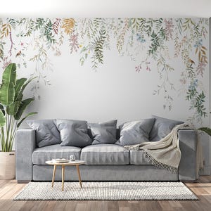 Colorful Flowers Boho Wallpaper -Flowers with green leaves Wall Mural-Botanical Hanging Flowers and Leaves Wallpaper -living room wallpaper-