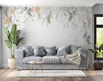 Colorful Flowers Boho Wallpaper -Flowers with green leaves Wall Mural-Botanical Hanging Flowers and Leaves Wallpaper -living room wallpaper-