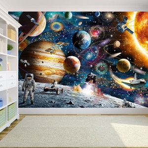 carta da parati a tema pianeti-carta da parati a tema spazio-sistema solare,stelle e pianeti murale-veicoli spaziali,satelliti e astronauti murale-s