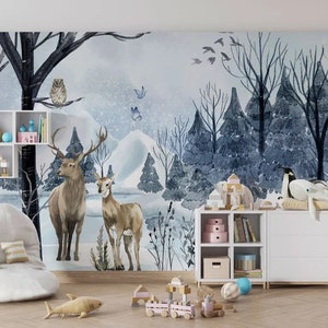 Carta da parati con tema neve giungla e animali, murales da parete natura staccabile e attaccabile per bambini