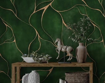Gold Leaf Green Wallpaper , Peel and Stick Henna Green Golden Details Wall Mural , Botanical Leaves with Gold Details Wallpaper