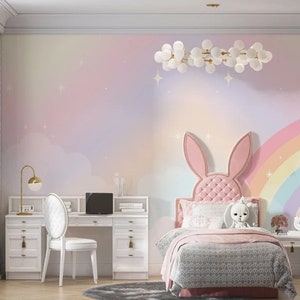 Carta da parati per bambini con strisce arcobaleno pastello, carta da parati arcobaleno per ragazze, carta da parati colorata per bambini con sbucciatura e attacco, carta da parati per bambini con stelle e arcobaleni