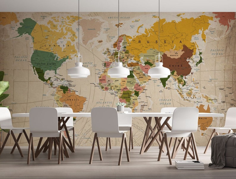 World Map Wallpaper , Office Decor Map Wallpaper , Stylish Peel and ...