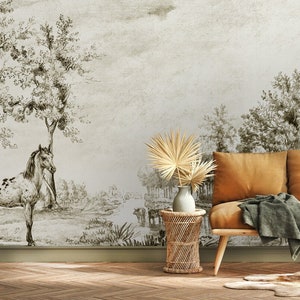 Antique Look Landscape Wallpaper - Peel and Stick Wall Mural - Horse and Trees Wallpaper