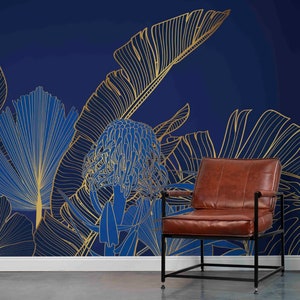 Botanische Wohnzimmer Dekoration-blau getönte Tapete mit großen Blatt Detail-Wand mit Gold Detail-tropische waldblaue Tapete