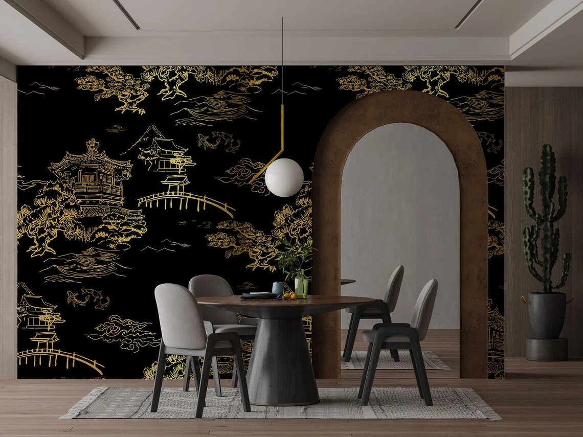 Gold Detailed Chinese Art Wallpaper Gold Leaf Removable Mural Japanese