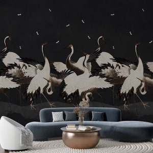 Crane Birds Wallpaper Peel and Stick - Removable Exotic Birds Mural - Dark Background and Storks Wallpaper ,Bedroom Design Birds Wallpaper
