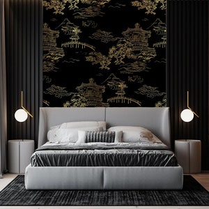 Gold detaillierte chinesische Kunst Tapete - Goldblatt abnehmbares Wandbild - Wandbild im japanischen Stil - asiatische Art-Deco-Tapete