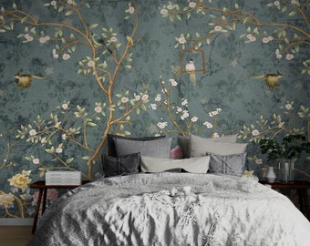 Dark Green Flowers Themed Wallpaper For Home Decor-Birds And Flower Design Mural-Wallpaper Art