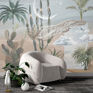 Murale magico in stile boho - Design a tema deserto - Carta da parati effetto marrone - Design murale effetto cactus