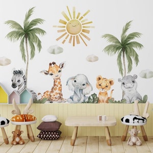 Baby Safari Animals Wall Decals, Watercolor Woodland Animals Wall Sticker, Nursery Wall Decal