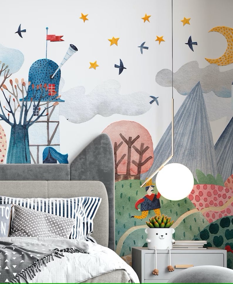Watercolor Effect Kids Wallpaper , Cartoon Pattern Nursery Wall Mural ...