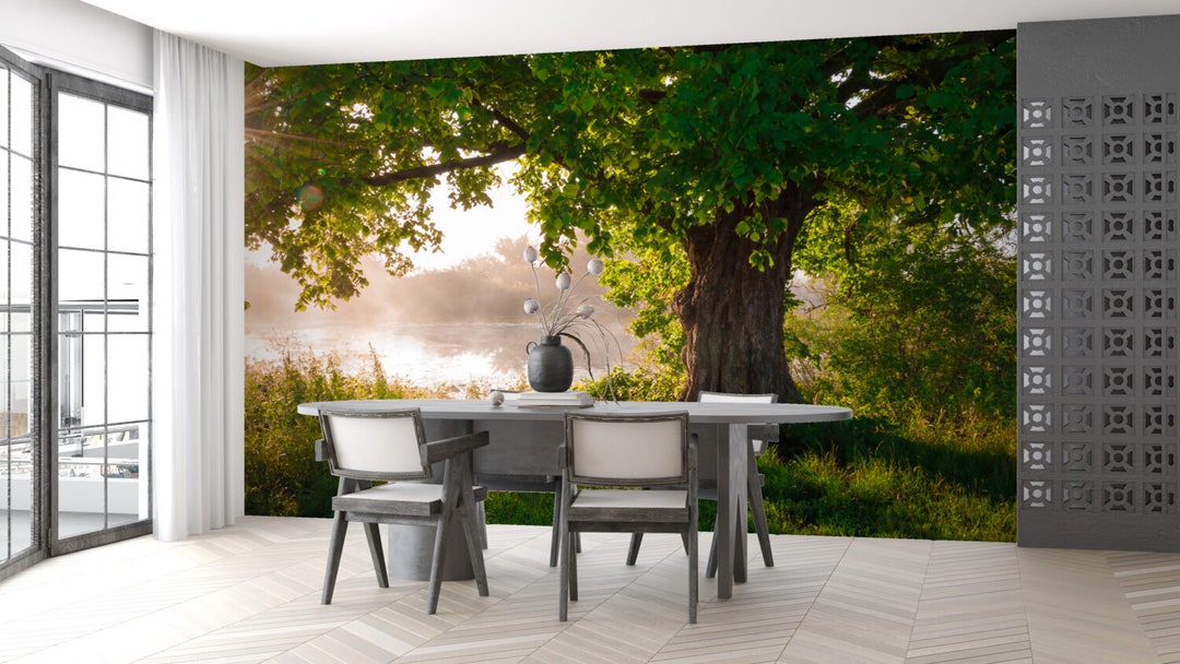 Lake View Tree Wallpaper Mural - Green Leaves Living Room Decor - Etsy