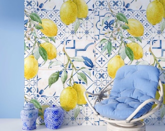 tile wallpaper-lemon floral wallpaper-kitchen decoration-blue tiled wall-lemon tree themed wallpaper