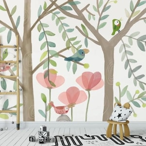 Pastel Floral Wallpaper: Watercolor Flowers & Birds Nursery Decor