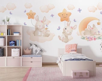 Sticker pour enfants et chambre de bébé, ciel nuageux et lapins mignons avec étoiles, stickers muraux, autocollants filles, stickers muraux