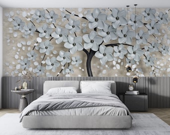White Flowering Tree Wall Mural: 3D Embossed Wallpaper